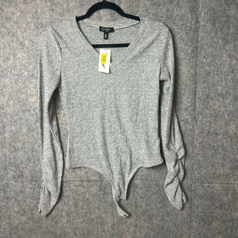 Jessica Simpson Womens Size Large Gray NWT V Neck Ribbed Knit Bodysuit‎
